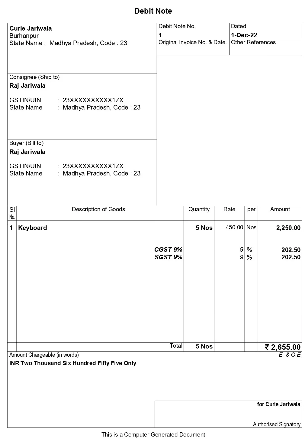 Debit Note In Tally