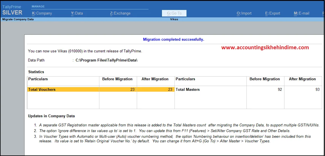 Migration Completed Successfully tally prime 3.0
