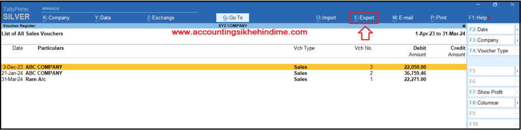 Sale Register को Excel मे Export कैसे करे।